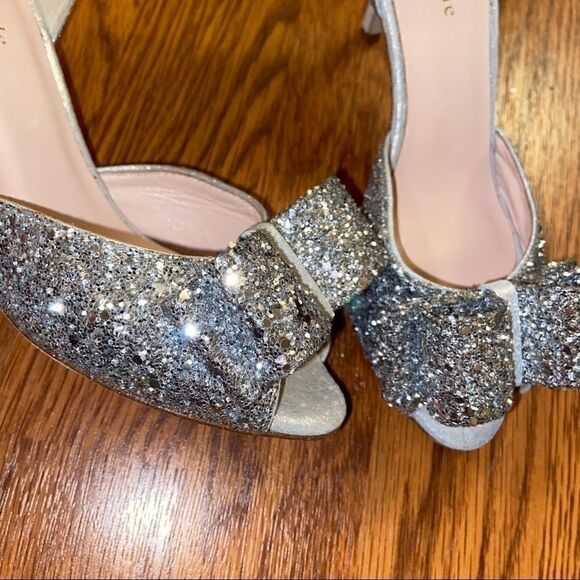 Kate Spade Sela Silver Glitter Bow Peep Toe Pumps - Picture 5 of 7